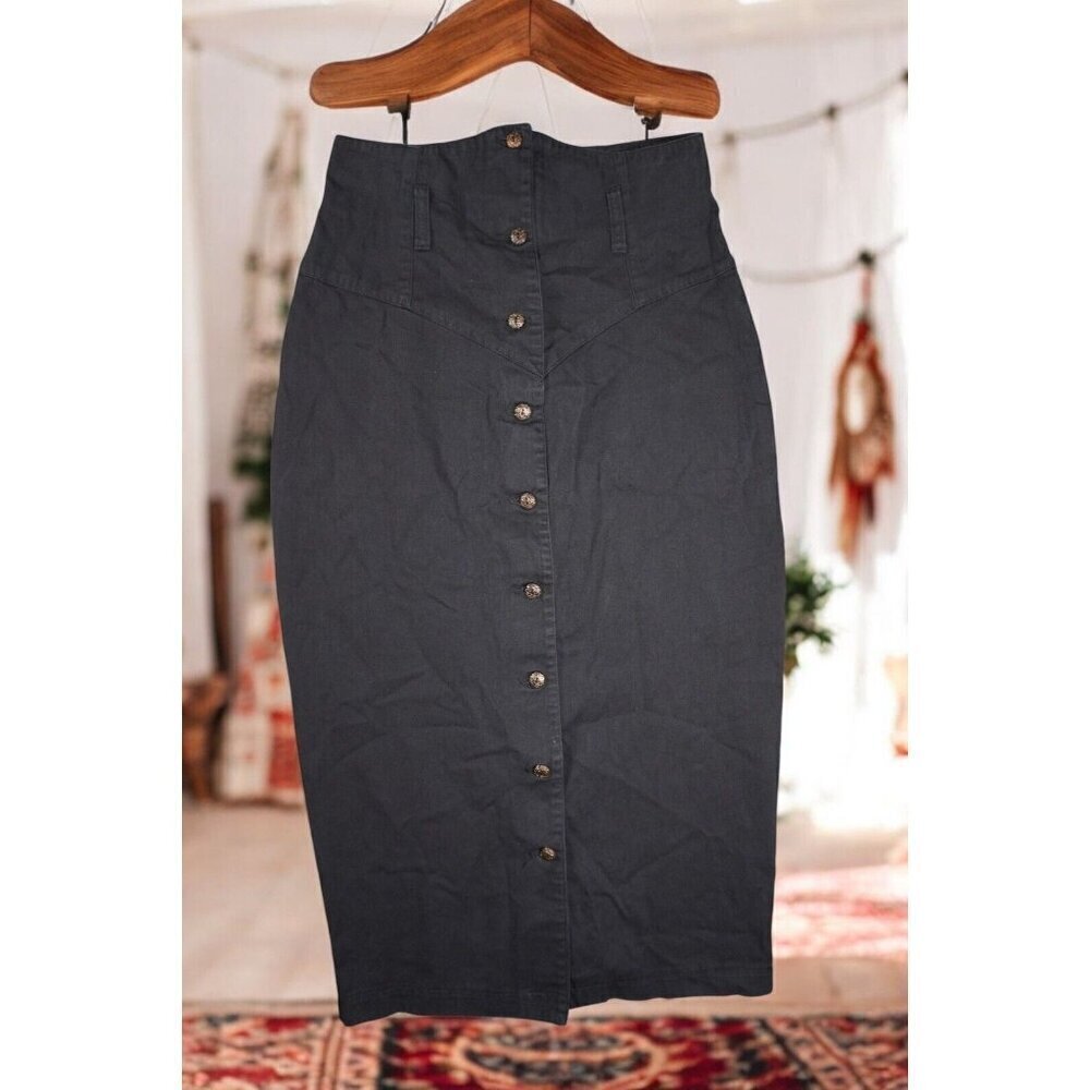 Vintage YES Clothing Co. High-Waisted Black Denim Midi Skirt - Made in USA -9 - Picture 2 of 13